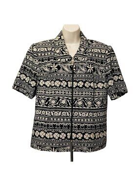 Sunshine Starshine Blouse 14 Black Cream Floral Full Zip Short Sleeve Polyester